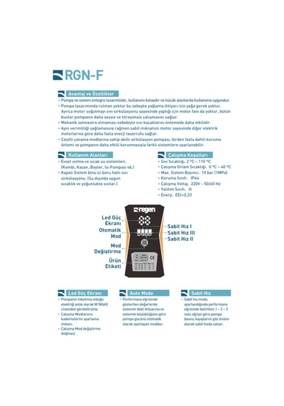 Regen Rgn 25/7 F 45 Watt Frekans Konvertörlü Sirkülasyon Pompası 1 1/2" - 1" 3 M3 Debi - 6 Mss Basınç
