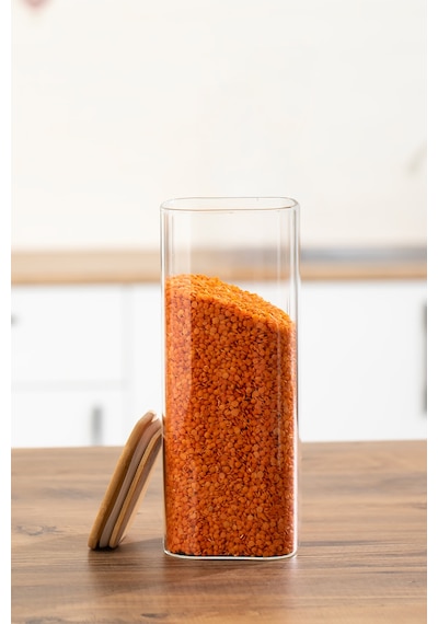 Porsima 7-4 Bambu Vakumlu Kapaklı Kare Borsilikat Cam 4lü Kavanoz Seti Saklama Kabı 1900ml 9,5x27cm