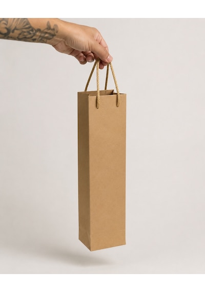 Şişelik İpli Kraft Karton Poşet, 1 Adet-12x10x38 Cm, Kalın Yapılı