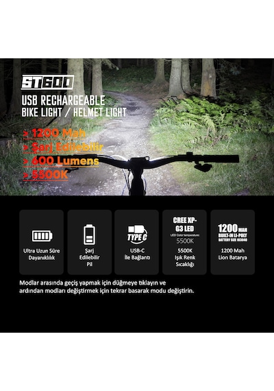 Stradacycles St-600 Çift Yönlü Lityum Şarj Edilebilir Far