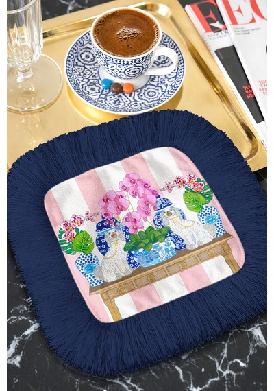 Chinoiserie Stil Saçaklı Sunum Dekorasyon Mendili-pastoral Glam Eklektik Lacivert Kahve Yanı Peçete Çok Renkli