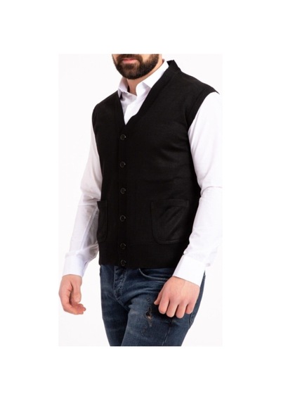 Nacar Store Erkek Siyah İnce Yün Triko Örgü Yelek