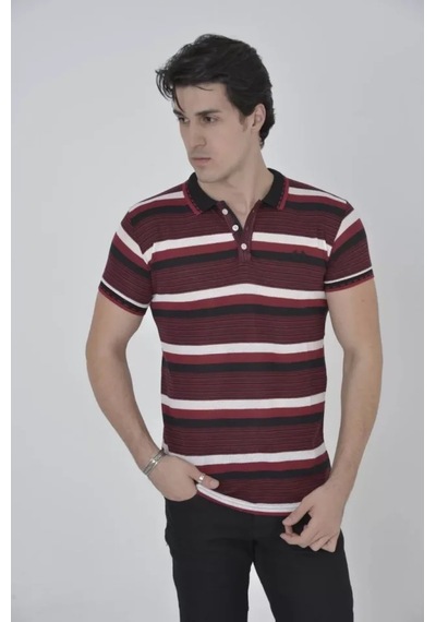 Modi Green Erkek Fit Duruş İnce Çizgili Bordo Yakalı Slim Fit Dokuma Tişört