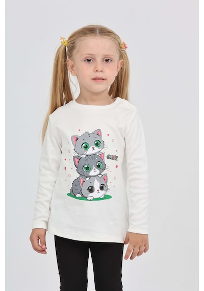 Toontoy Kız Çocuk Üçlü Kedi Baskılı Sweatshirt Ekru