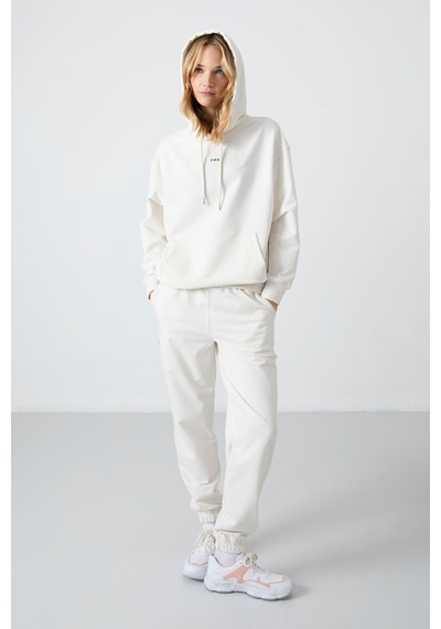 Tommy Life Ekru Kapüşonlu Kanguru Cep Oversize Lastik Paça Kadın Eşofman Takımı - 95288 Ekru