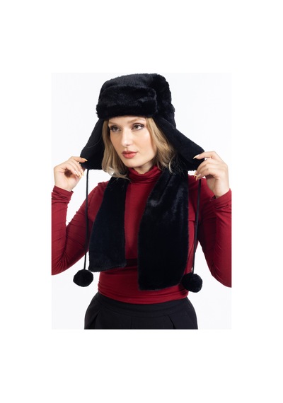 Ladycolor Peluş Kulaklı Pilot Şapka Atkılı Takım Siyah Siyah