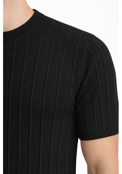 Vexor Erkek Yazlık Fitilli Triko Tişört Kısa Kol Bisiklet Yaka T-shirt - Siyah