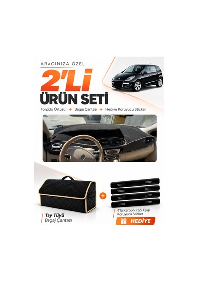 E-biz Renault Scenıc 3 2009-2016 Uyumlu Torpido Örtüsü + Tay Tüyü Çanta - Siyah-bej - Re045