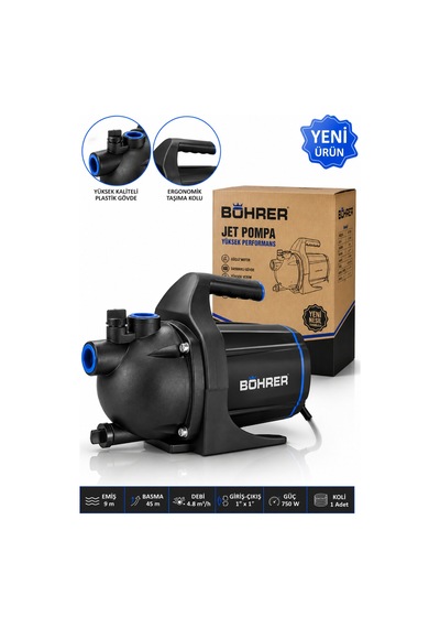 Böhrer Ba011457 Jet Tipi 1.0 Hp 0.75kw Yeni Model Tutma Kollu Su Pompası - Bakır Sargılı