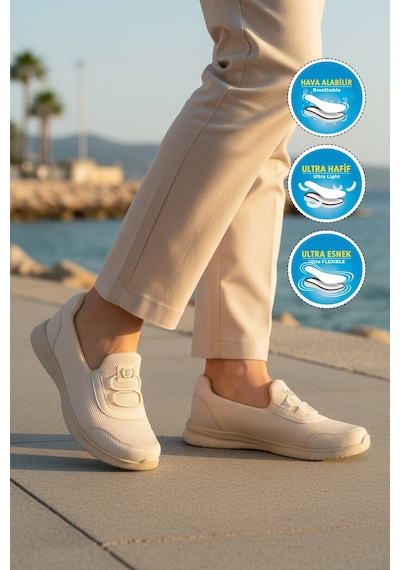 Walkway Bej Fileli Hafif Esnek Kolay Giyilebilir Kadın Casual Ayakkabı 575 G