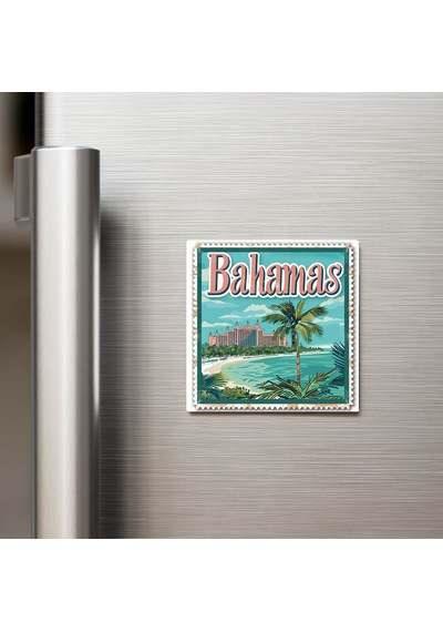 Bahamalar Bahamas - Posta Pulu Temalı Ülke - Baskılı Buzdolap Magneti Kare - 9x9 Cm
