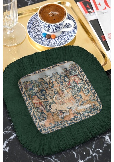 Ortaçağ Saray Bahçesi Saçaklı Sunum Peçetesi - Efsanevi Vintage Rustik Yeşil Bardak Altlığı Mendil Çok Renkli