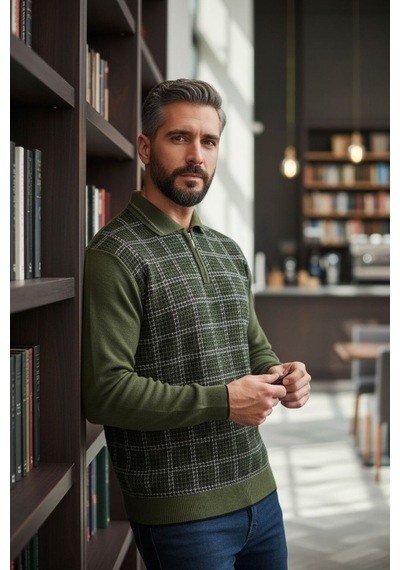 Kamalı Erkek Haki Tüylenme Yapmayan Standart Fit Normal Kesim Kazayağı Desen Polo Yaka Triko Kazak Kamalı Erkek Haki Tüylenme Yapmayan Standart Fit Normal Kesim Kazayağı Desen Polo Yaka Triko Kazak