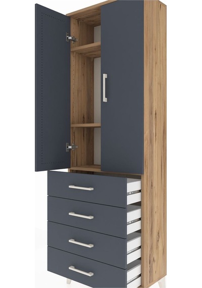 Arges Dolap 3 Raflı 4 Çekmeceli 2 Kapaklı 60x30x182 Çam-antrasit Çam