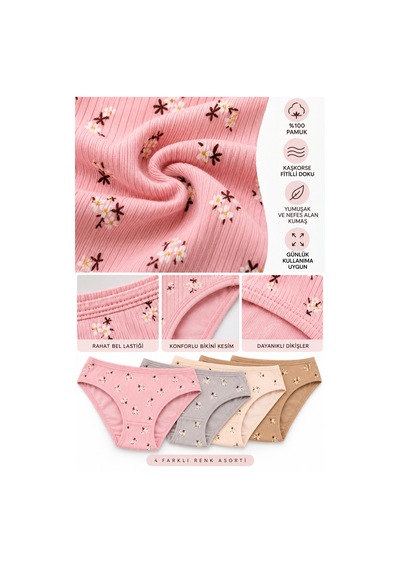 Westicgiyim Kadın Kaşkorse Fitilli Bikini Külot 4 Lü Paket %100 Pamuk Desenli Asorti Renk M-l-xl çok Renkli