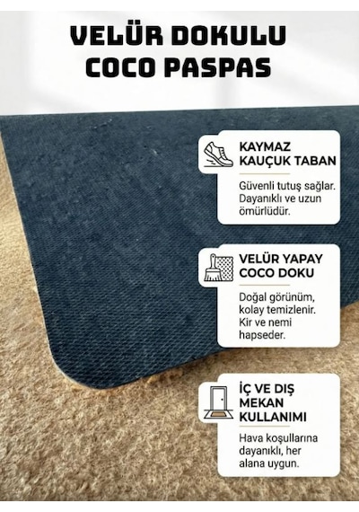 Eldione Kaymaz Tabanlı Baskılı Şık Kapı Önü Paspası 45x70 Cm Coco Hasır Görünümlü Velür Paspas Kahverengi