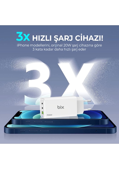 Bix BX3P66G GaN 65W Üç Portlu Şarj Cihazı Beyaz