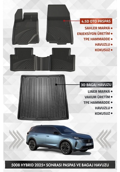 Peuegot 5008 Mild Hybrid 2024 Sonrası Uyumlu 4.5d Premium Havuzlu Oto Paspas Ve Liner Bagaj Havuzu