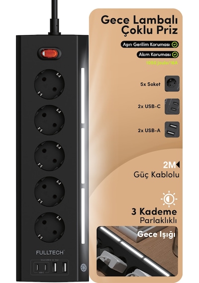 Fulltech FTR-26 Akım Korumalı Priz Siyah 9’lu (5 Priz + 2 USB-A + 2 USB-C) 3680W 16A, 2 Metre Kablolu, Gece Lambalı Çoklu Priz -