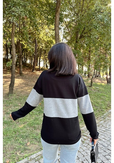 WeShaya Kadın Siyah Uzun Kol, Dik Yaka, Fermuarlı, Double Color Block Basic Sweatshirt Bluz Siyah