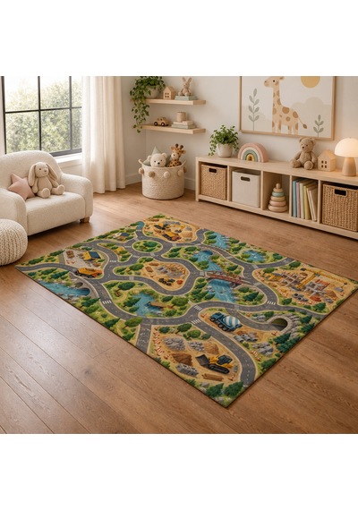 Kartela Halı İnşaat Şehri Çocuk Oyun Halısı Kaymaz Dot Taban Yıkanabilir 180 X 270 Cm