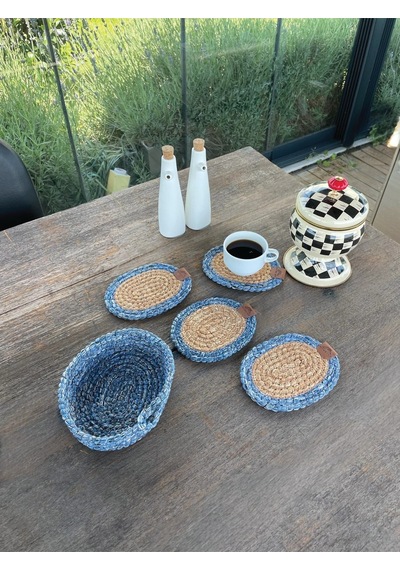 4 Adet Oval Dekoratif Bardak Altlığı Seti - Yuvarlak , Leke Tutmaz- Naturel-mavi 13x17 Cm Naturel