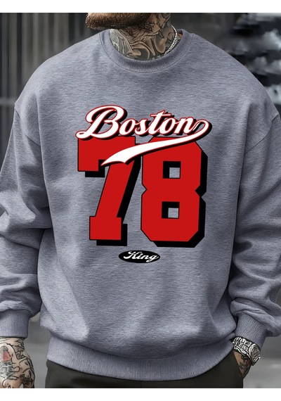 Startmore Startmoreboston Numarası 78 Baskılı Erkek Kazak Rahat Hip Hop Kazaklar Vintage Büyük Boy Bisiklet Yaka Gri