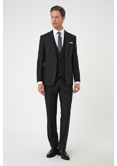 Efor Slim Fit Düz Esnek Yelekli Klasik Siyah Takım Elbise Tk 894 Siyah