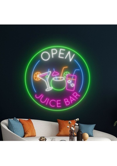 Open Juıce Bar Yazılı Ve Şekilli Neon Tabela Çok Renkli