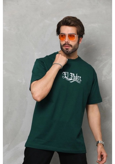 Bisiklet Yaka Baskılı Oversize T-shirt - Yeşil -
