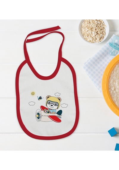 BK Kids Sevimli Pilot Tasarımlı Kırmızı Bebek Mama Önlüğü-1 Kırmızı