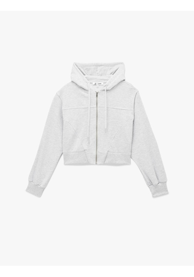 Koton Rahat Kalıp Cep Detaylı Kapüşonlu Fermuarlı Crop Sweatshirt Kar Melanj 6wal10354ık Gri Melanj