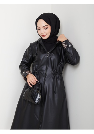 Hb Harma Time Butik Kadın Kapüşonlu Fermuarlı Şardonlu Deri Siyah Kap