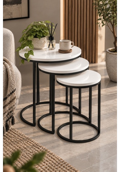 Sulorahome 3'lü Beyaz Zigon Sehpa Seti Siyah Metal Ayaklı