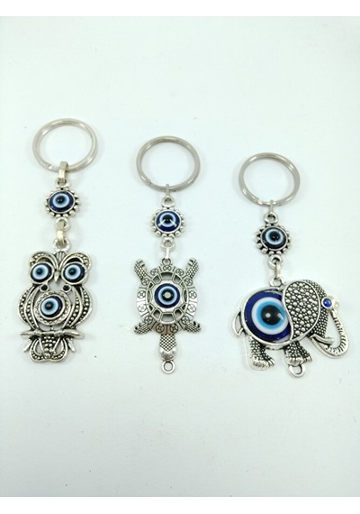 Üçlü Metal Nazar Boncuklu Baykuş/ Kaplumbağa / Fil Anahtarlık Set