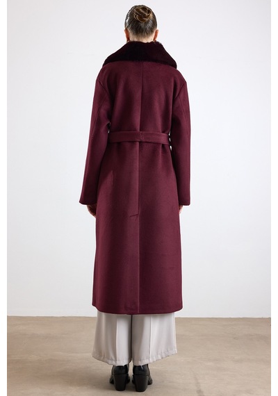 Olcay Oversize Çıkabilen Kürklü Düşük Kol Kaban Mürdüm 3178
