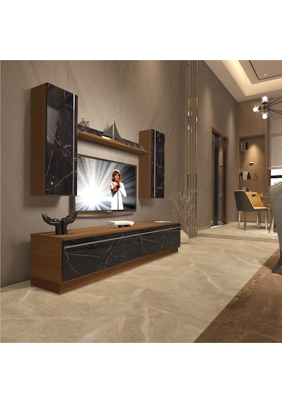 Decoraktiv Eko 5db Mdf Std Tv Ünitesi Tv Sehpası Ceviz - Siyah Mermer