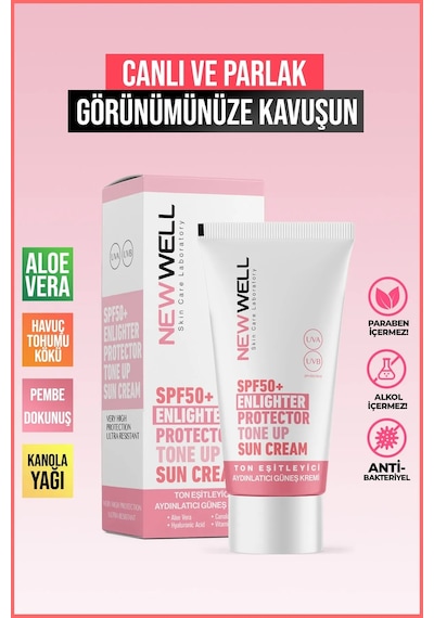 New Well Ton Eşitleyici ve Aydınlatıcı Pembe Yüz Güneş Kremi SPF50+ 50 ML