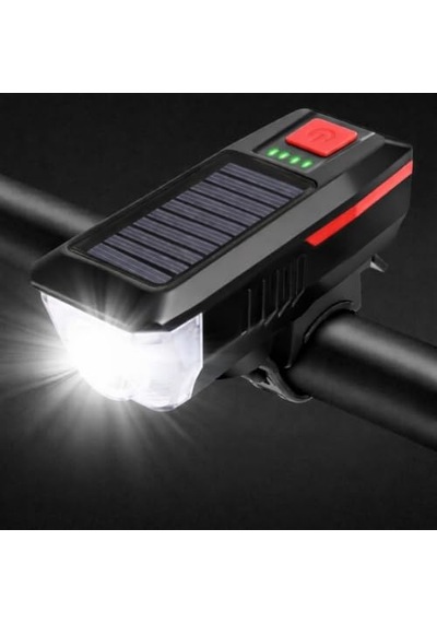 Usb Ve Güneş Enerjili Şarjlı Bisiklet Ön Lambası, Yüksek Parlaklık Led, Dahili Lityum Pil, Enerji Göstergeli, Sesli Uyarılı, Ön Gidon Montajlı