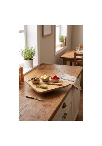 Ayaklı Kare Bambu Sunumluk 25x25 Cm Dekoratif Sunum Standı Pasta Standı Kahvaltılık Meyvelik Servis Tabağı Bej Bej