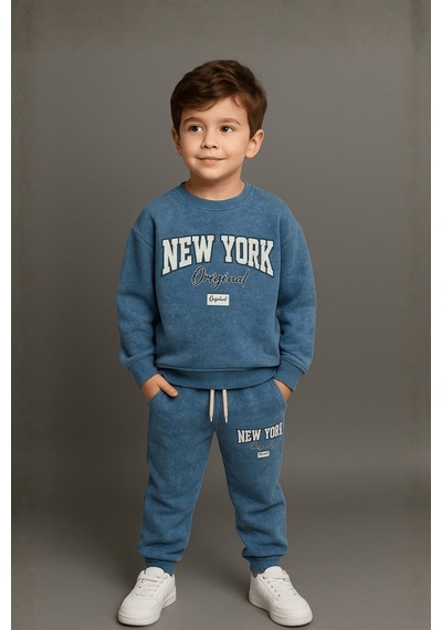 Turuncu Gardrop 5-14 Yaş New York Batik Desen Erkek Çocuk Takım Mavi Mavi