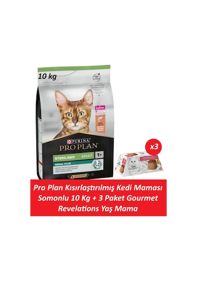 Pro Plan Kısırlaştırılmış Kedi Maması Somonlu 10 Kg + 3 Adet Gourmet Somonlu Yaş Mama
