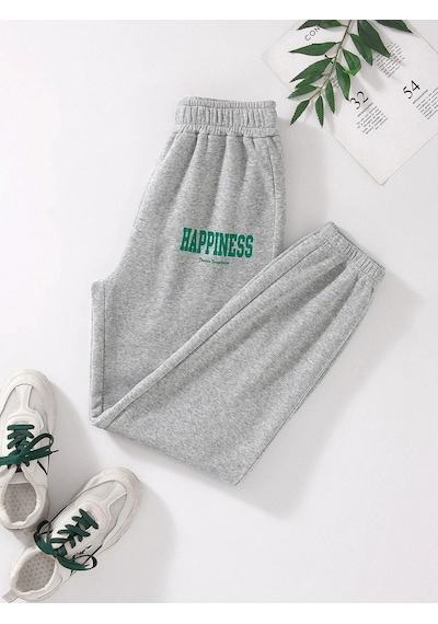 Kadın Gri Happiness Baskılı Lastik Paça Eşofman Altı Jogger 2 Iplik Şardonsuz Gri