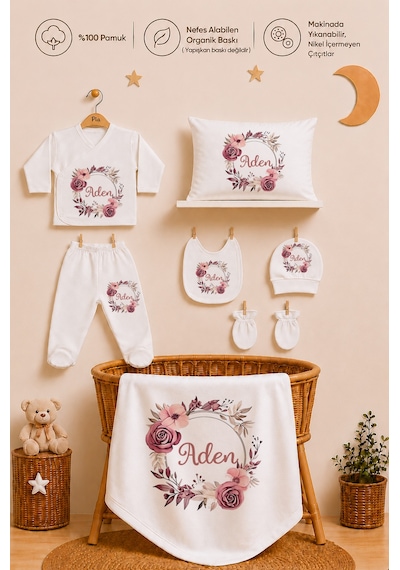 Pia Baby 11 Parça İsme Özel Kız Bebek Hastane Çıkışı %100 Pamuk Organik Baskılı 1006110x Ekru