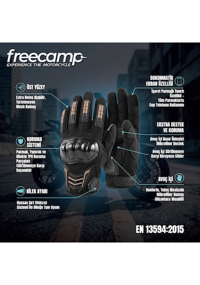 Freecamp Power Tam Parmak Motosiklet Eldiveni-siyah-turuncu
