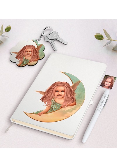 Kişiye Özel Kız Çocuk Melek Karikatürlü Beyaz Defter Kalem Ve Ana