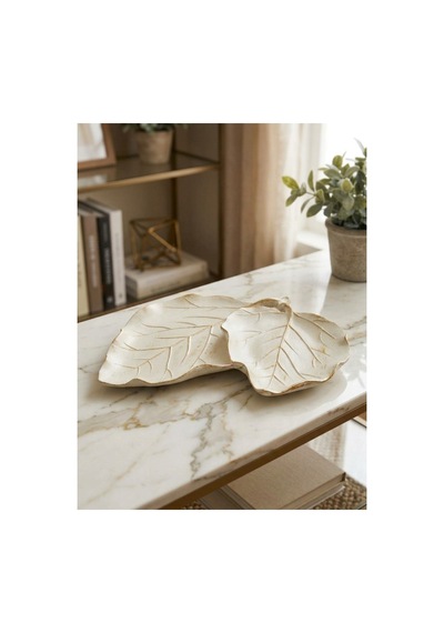 Dekoratif Çift Yaprak Sunum Tabağı & Masa Üstü Obje - Eskitme Krem / Gold 32x28 Cm