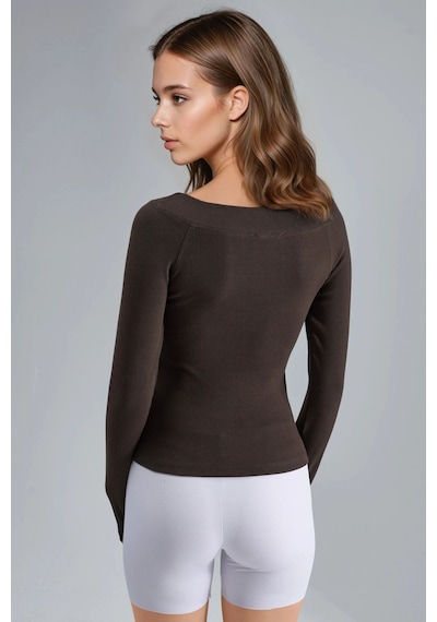 Hiccup Busem Slim Fit Fitilli Kayık Yaka Bluz Kahve Kahvesi