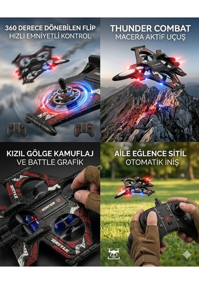 Uzaktan Kumandalı Uçak Dron Thunder Combat Kırmızı 2.4ghz 360 Derece Dönebilen Led Işıklı Otom