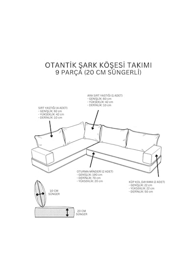 Otantik Şark Köşesi Takımı Lacivert Yahyalı 9 Parça 20 Cm Süngerli Sedir Minder Seti